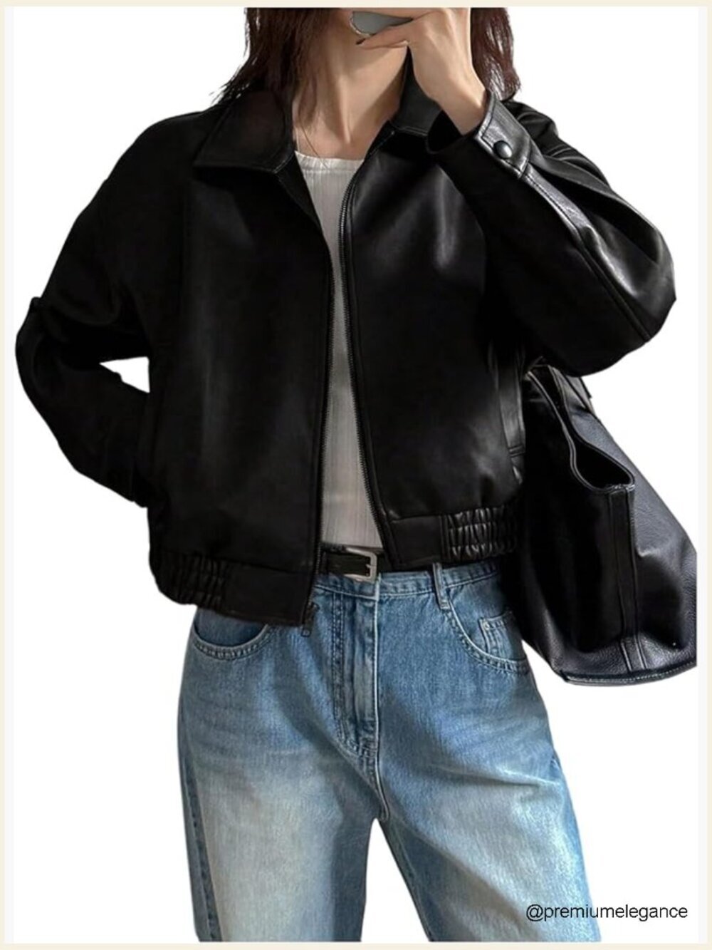 Faux Leather Zip Up Jacket Long Sleeve Motorcycle Style Loose Fit